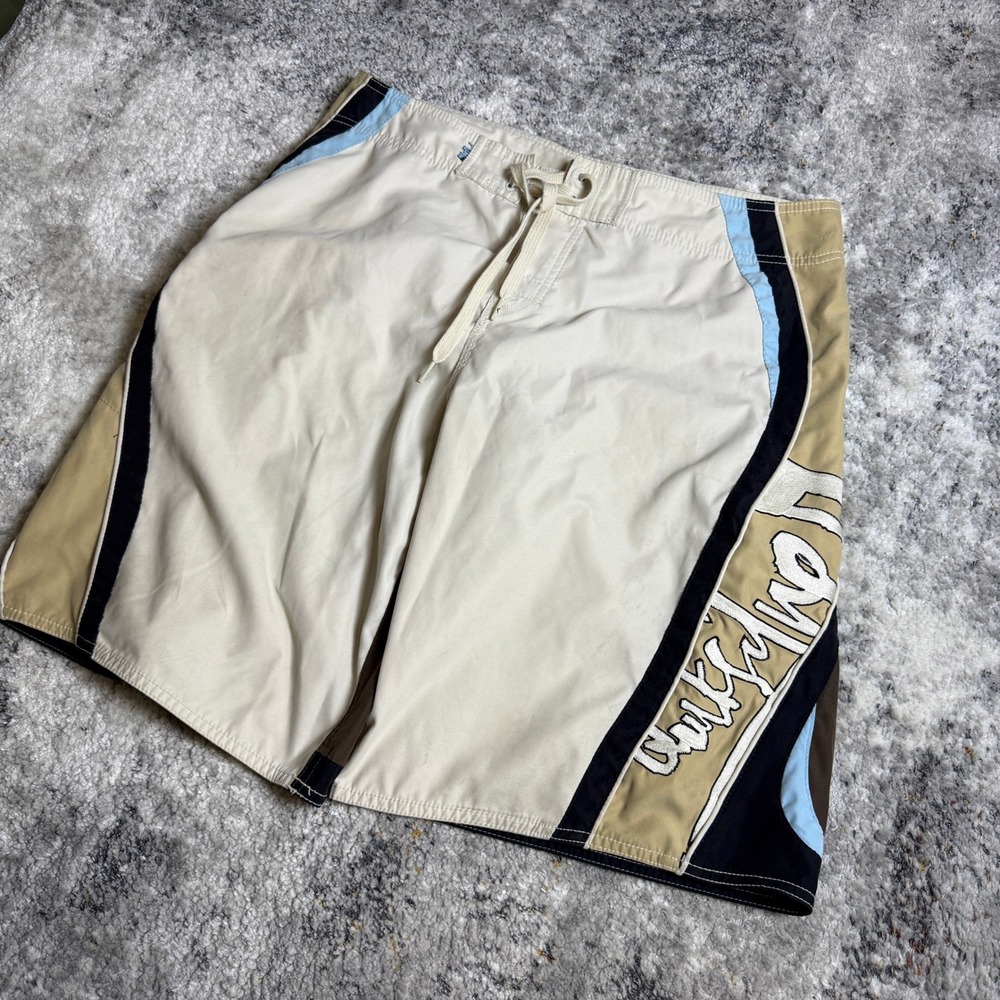 Quiksilver Mens Board Shorts Size 34 Cream Tan Brown Colorblock Swim Trunks Logo